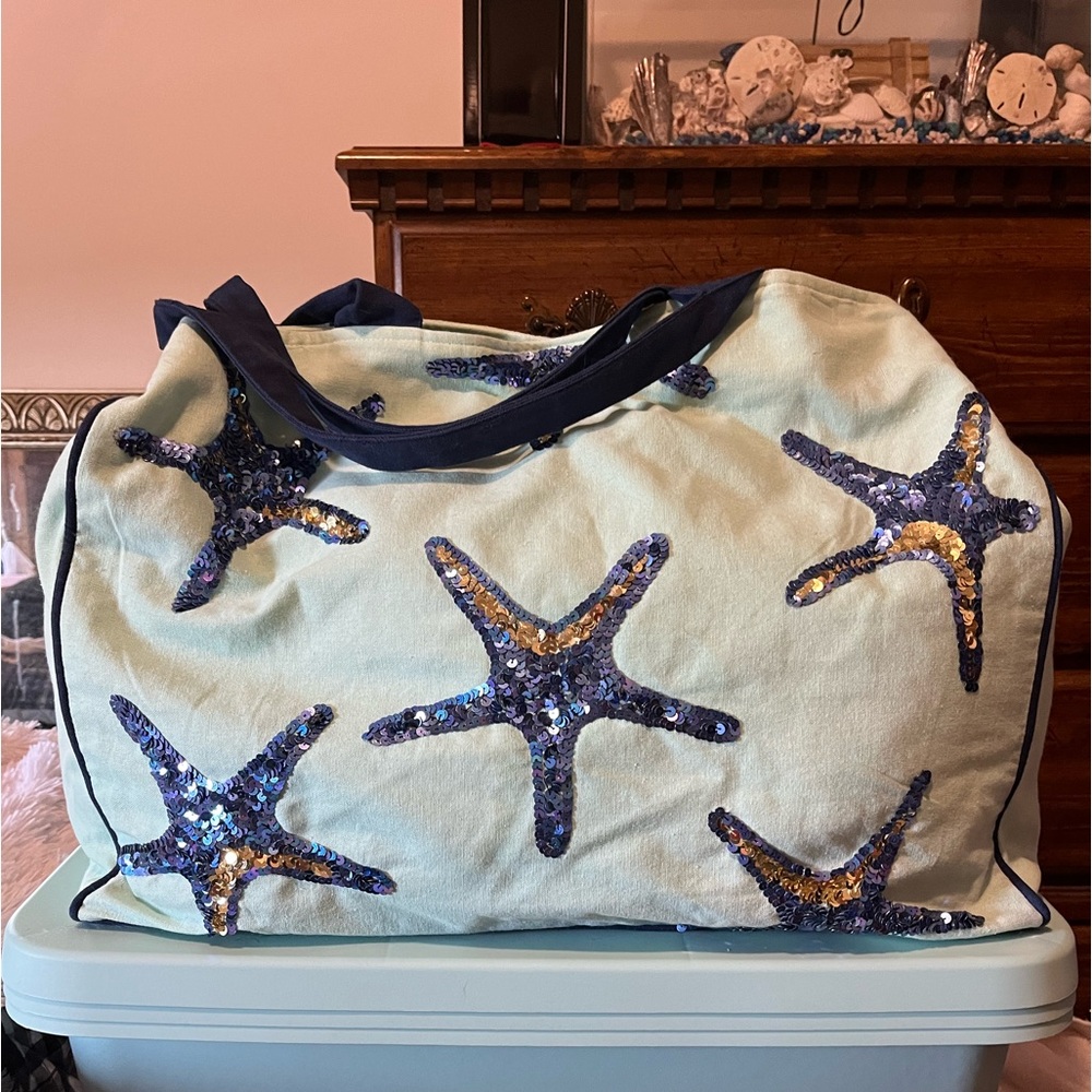 New Green Debbie Katz South Beach Don Cesar Blue Starfish Sequin Beach Bag Tote